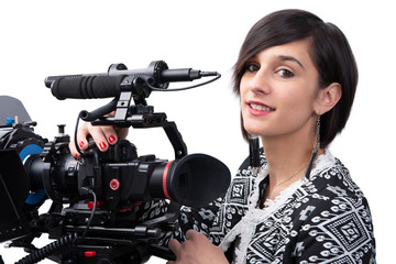 young woman with professional video camera, DSLR, on white