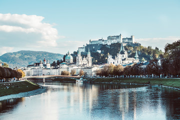 Old city of Salzburg an the river Salzach, magical old city, Europe