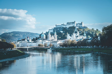 Fototapeta na wymiar Old city of Salzburg an the river Salzach, magical old city, Europe