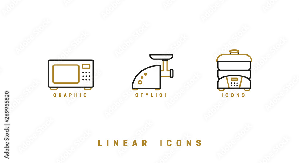 Poster set of outline vector home appliances icons for web design in simple linear style isolated on white 