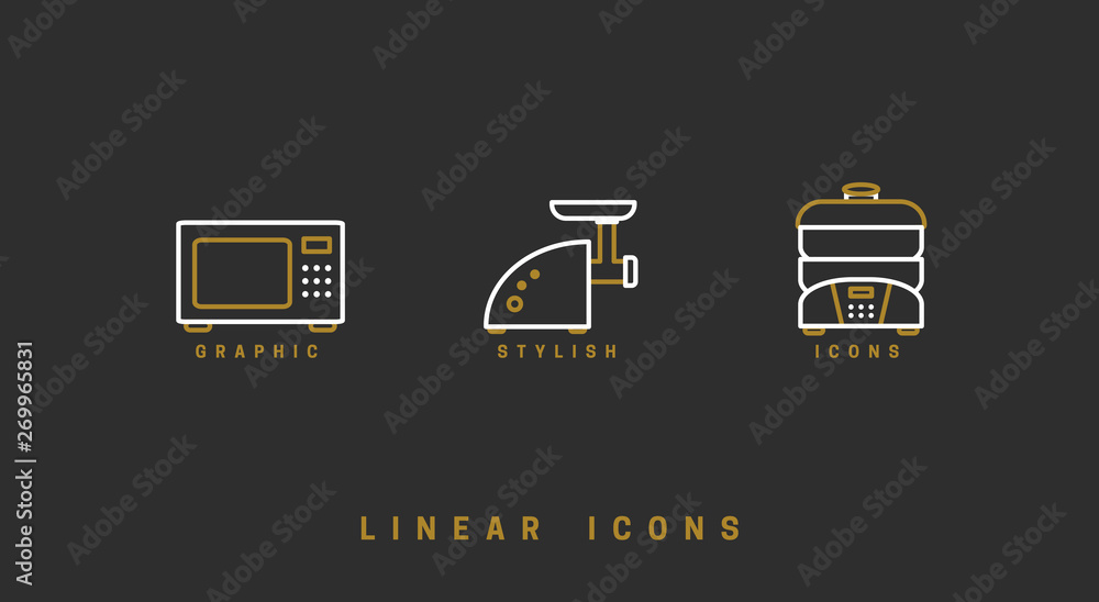 Poster set of outline vector home appliances icons for web design in simple linear style isolated on black 