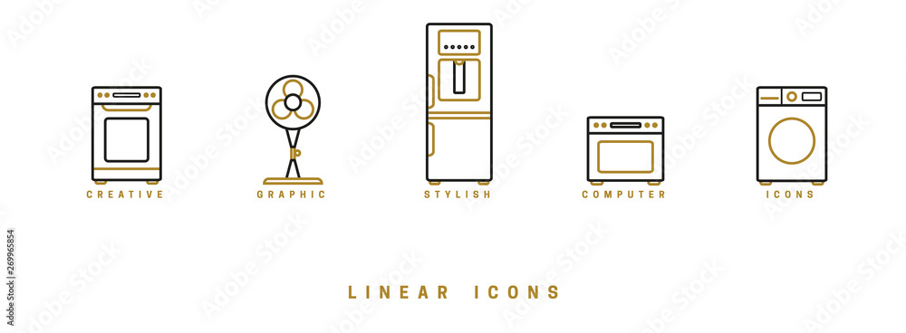 Poster set of outline vector home appliances icons for web design in simple linear style isolated on white 