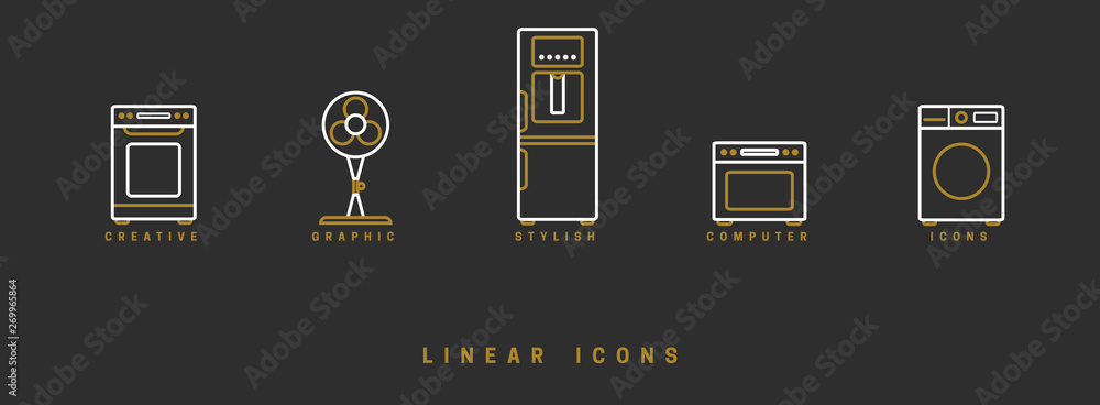 Poster set of outline vector home appliances icons for web design in simple linear style isolated on black 