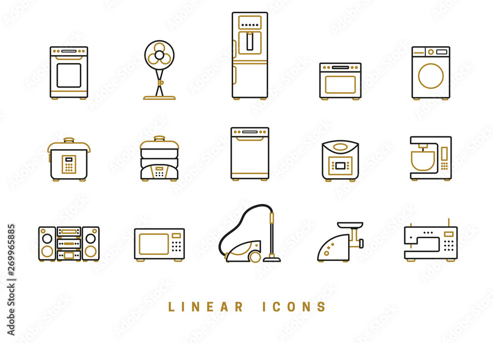 Poster set of outline vector home appliances icons for web design in simple linear style isolated on white 