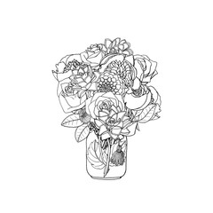 Hand drawn doodle style bouquets of different flowers: succulent,peony,rose. isolated on white background. stock vector illustration