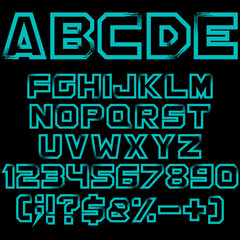 Blue art alphabet, numbers and signs. Isolated vector objects on black background.