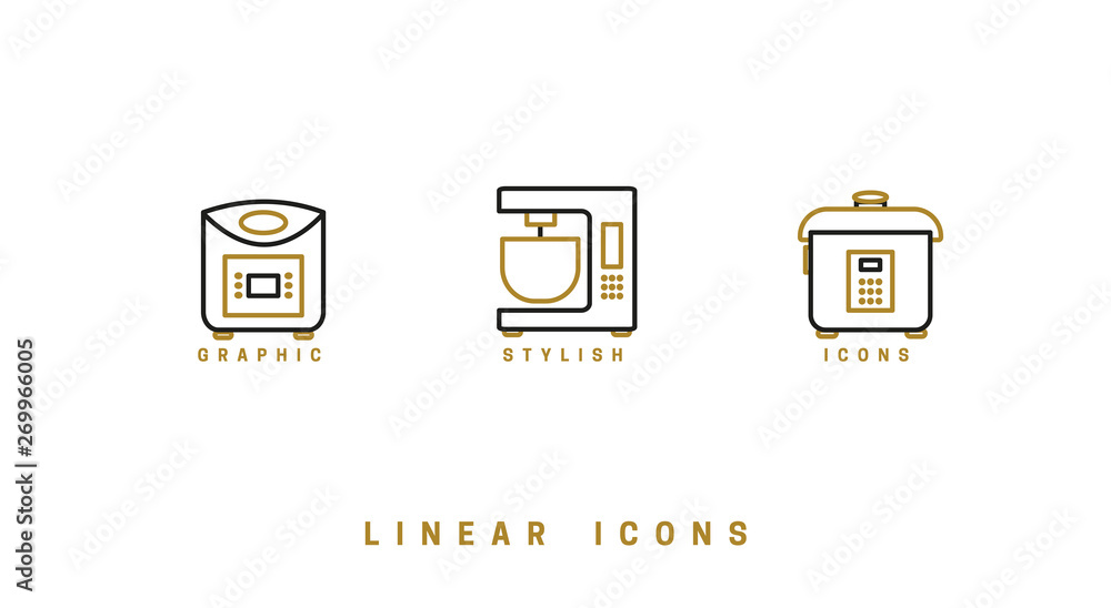 Poster set of outline vector home appliances icons for web design in simple linear style isolated on white 