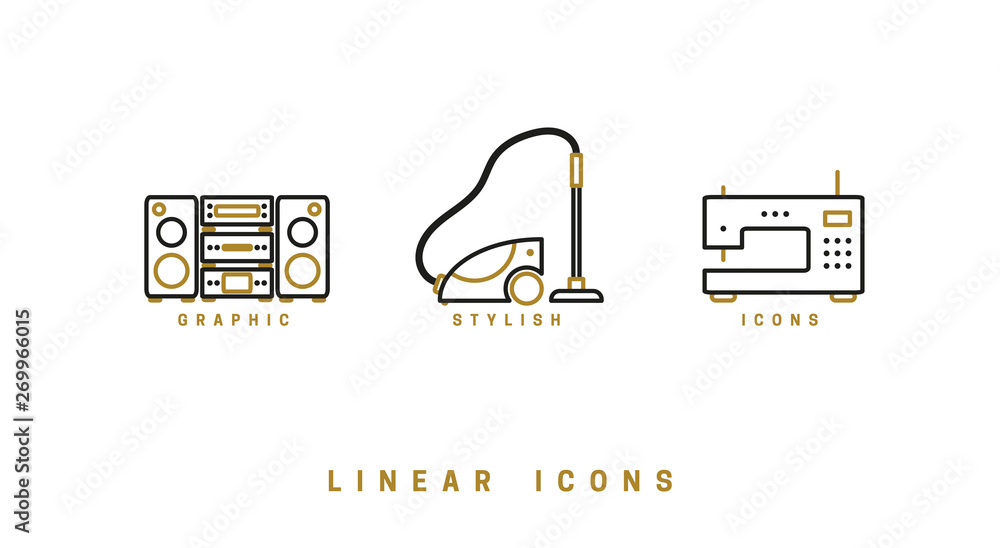 Poster set of outline vector home appliances icons for web design in simple linear style isolated on white 