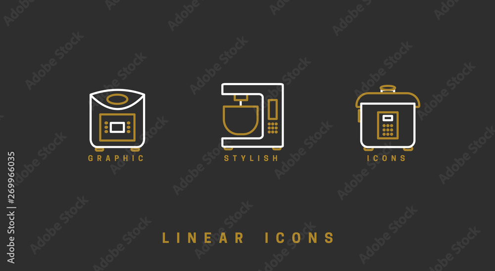Poster set of outline vector home appliances icons for web design in simple linear style isolated on black 