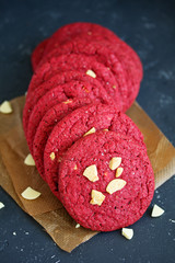 Red velvet cookies with white chocolate. American cuisine.