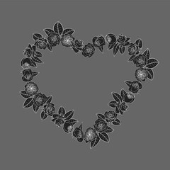 Hand drawn doodle style rose flowers heart wreath. floral design element. isolated on gray background. stock vector illustration