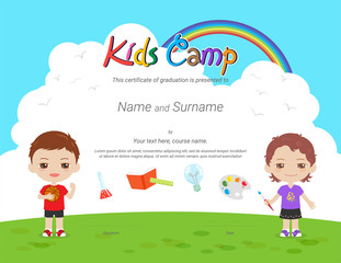 Kids Diploma or certificate template with colorful background for kid camp