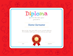 Kids Diploma or certificate template with colorful background for kid camp