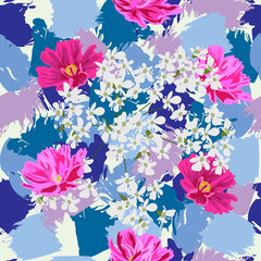 Seamless pattern with beautiful garden flowers on colorful background of brush strokes. Flower background for textile, cover, wallpaper, gift packaging, printing.Romantic design. Vector.