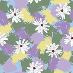 Seamless pattern with beautiful garden flowers on colorful background of brush strokes. Flower background for textile, cover, wallpaper, gift packaging, printing.Romantic design. Vector.