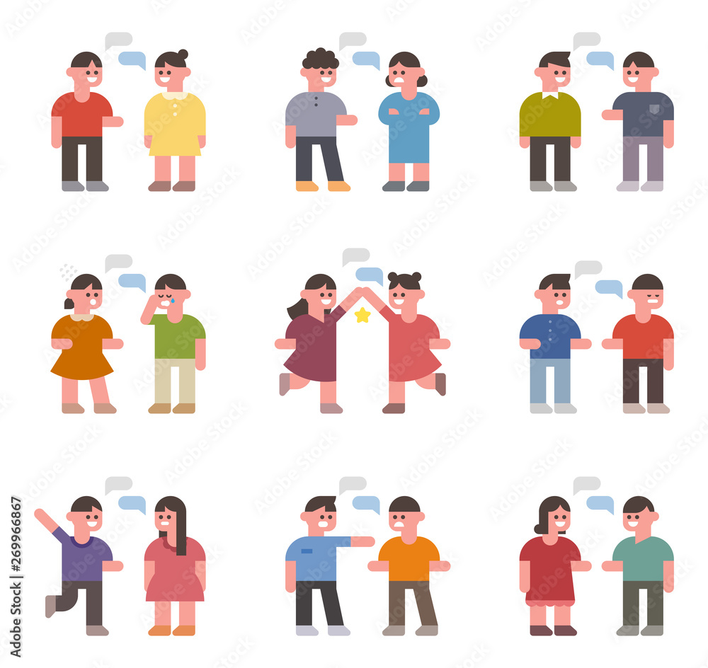 Wall mural talking characters and speech bubbles. flat design style minimal vector illustration