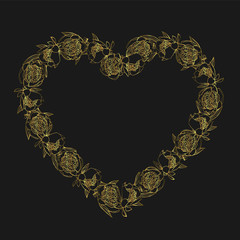 Hand drawn doodle style golden peony flower wreath. floral design element. isolated on black background. stock vector illustration