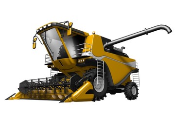 industrial 3D illustration of large modern yellow farm harvester with grain pipe detached side view isolated on white