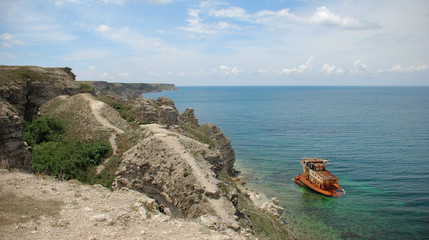 fragment of a grounded soviet ship in Crimea.