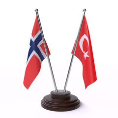 Norway and Turkey, two table flags isolated on white background. 3d image