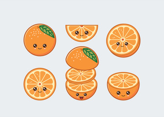 Orange set drawn cute kawaii food faces