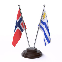 Norway and Uruguay, two table flags isolated on white background. 3d image