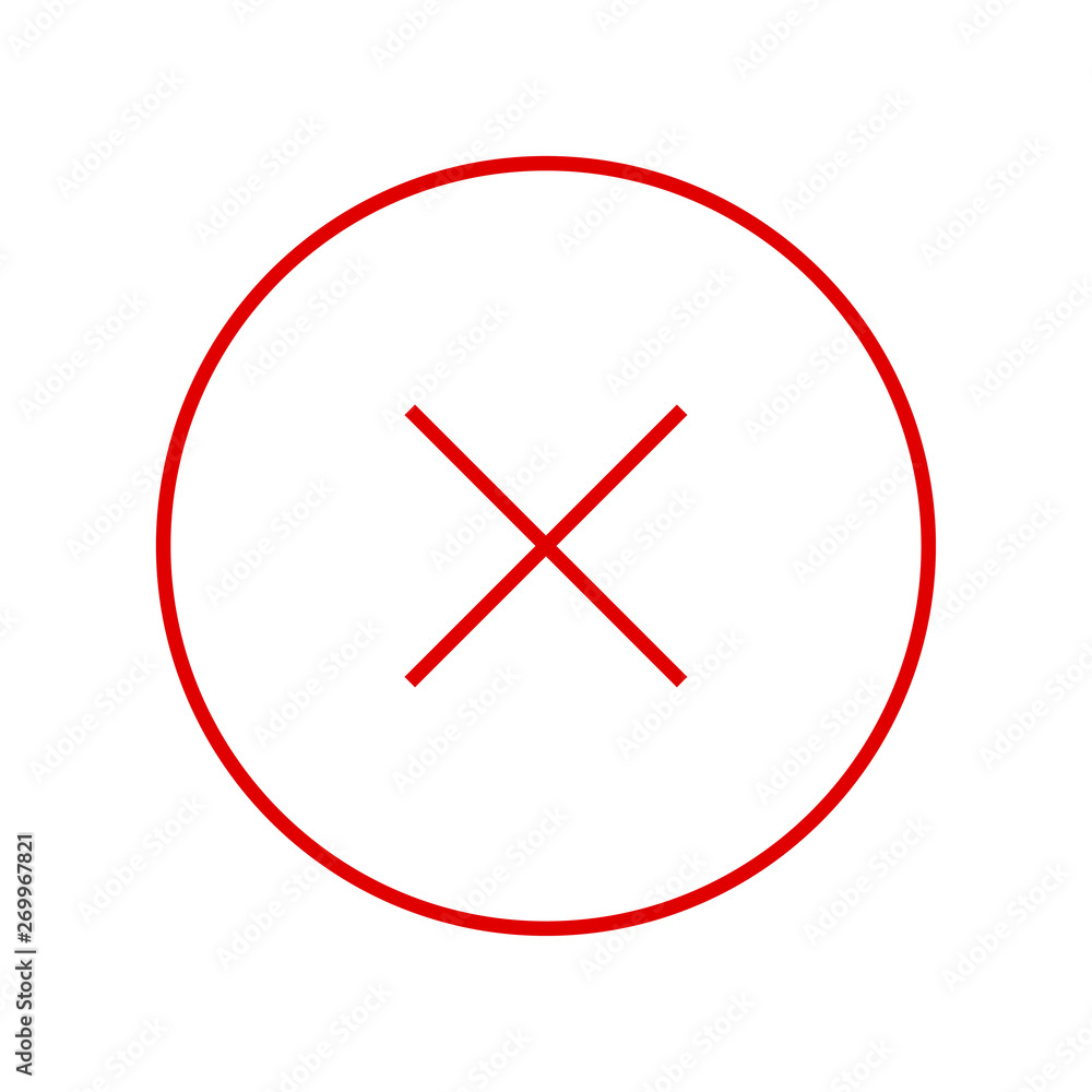 Poster round red thin line x mark icon, button, cross symbol isolated on white background