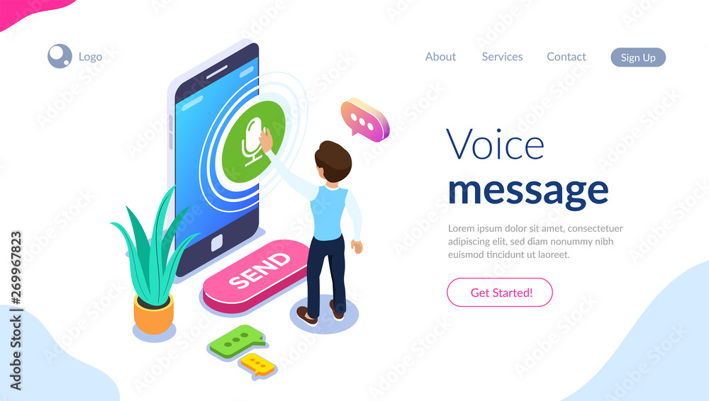 Poster isometric record voice message concept. a person records a voice or audio message using a mobile pho