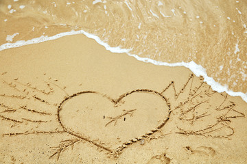 Heart shaped symbol on a sandy beach in summertime.