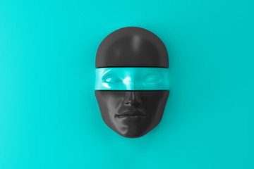 A woman's face peeking out of the wall in a shiny metal mask. 3D illustration