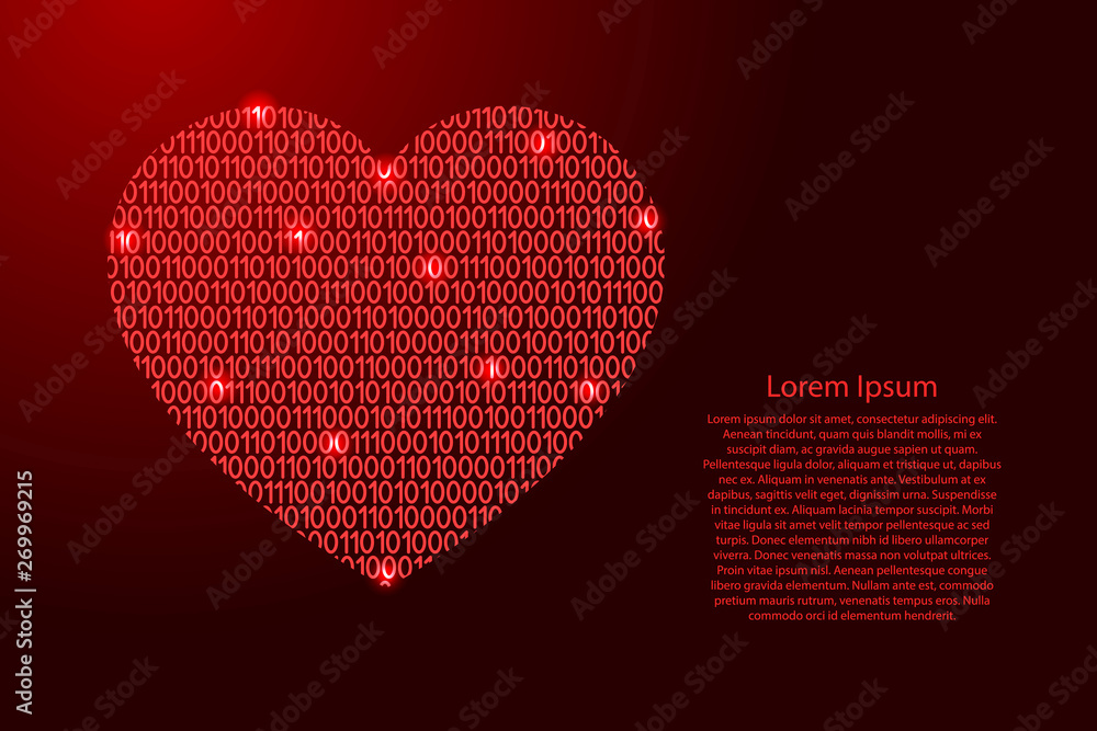 Fototapete heart icon symbol of love abstract schematic from red ones and zeros binary digital code for banner,