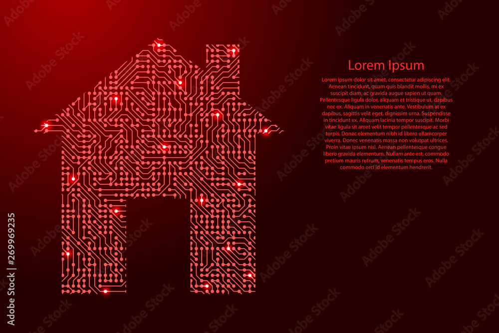Poster home smart image icon from printed board, chip and radio component with red star space on the contou