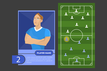 Football or soccer player profile card. Green field