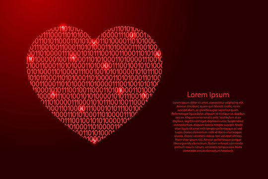 Heart icon symbol of love abstract schematic from red ones and zeros binary digital code for banner, poster, greeting card. Vector illustration.