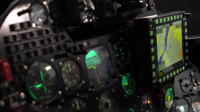 Aviation, view of the dashboard of the fighter, instruments and electronics inside the cockpit.