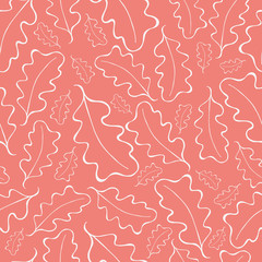 Beautiful hand drawn white line art oak leaves on coral pink background. Seamless vector pattern. Perfect for wellness, summer, cosmetic products, fabric, texture, giftwrap, stationery.