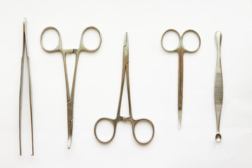 Doctor tools ,curettage ,cramps,forceps and scissors on white background with copy space
