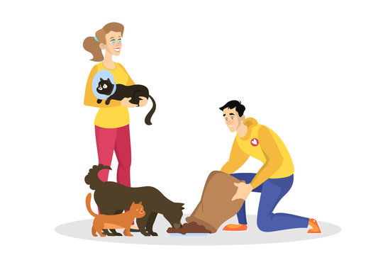 Volunteer fedd homeless cat and dog. Idea of charity