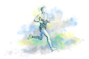 Fototapeta na wymiar Watercolor drawing of running man white background