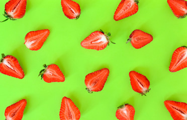 Strawberries pattern close up. Bright pattern of fresh strawberries on background. Top view, flat lay.