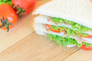 sandwich tuna salad with the ingredients on wood plate