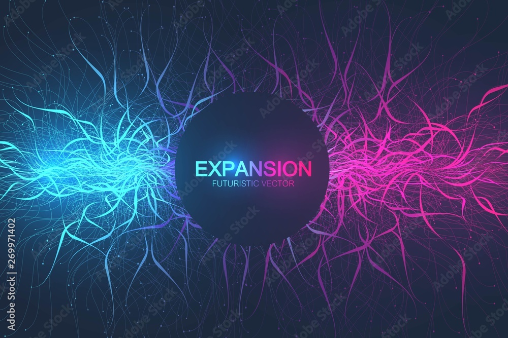Poster Geometric abstract background expansion of life. Colorful explosion background with connected line and dots, wave flow. Graphic background explosion, motion burst. Scientific vector illustration