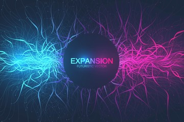 Geometric abstract background expansion of life. Colorful explosion background with connected line and dots, wave flow. Graphic background explosion, motion burst. Scientific vector illustration - obrazy, fototapety, plakaty