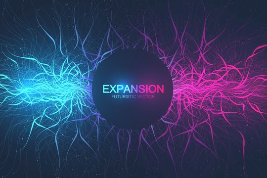 Geometric abstract background expansion of life. Colorful explosion background with connected line and dots, wave flow. Graphic background explosion, motion burst. Scientific vector illustration