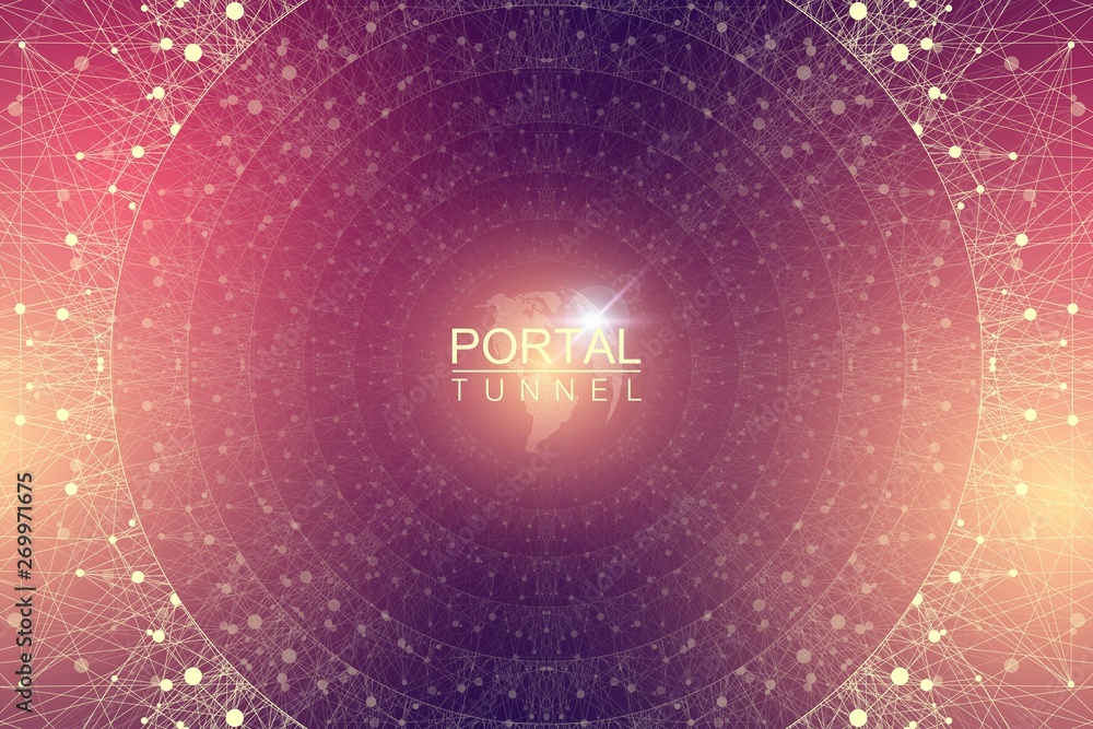 Aufkleber Geometric abstract background tunnel or wormhole with connected line and dots. Futuristic wormhole 3d space time portal visualization. Wireframe tunnel grid texture background. Vector illustration