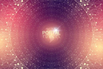 Poster Geometric abstract background tunnel or wormhole with connected line and dots. Futuristic wormhole 3d space time portal visualization. Wireframe tunnel grid texture background. Vector illustration © BAIVECTOR