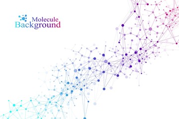 Geometric abstract background with connected line and dots. Network and connection background for your presentation. Science banner with molecules geometric background. Scientific vector illustration