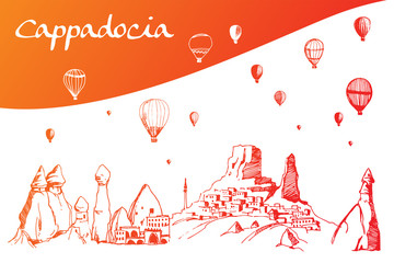 Cappadocia. Hand drawn turkish famous travel place. Gradient color. Caves, stones and ballons in the sky. Vector illustration for banner or print design