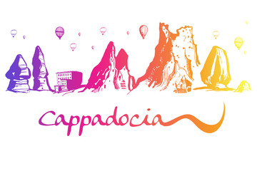 Cappadocia. Hand drawn turkish famous travel place. Gradient color. Caves, stones and ballons in the sky. Vector illustration for banner or print design