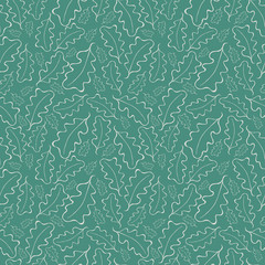 Beautiful hand drawn white line art oak leaves on teal green background. Seamless vector pattern. Perfect for wellness, summer, cosmetic products, fabric, texture, giftwrap, stationery.